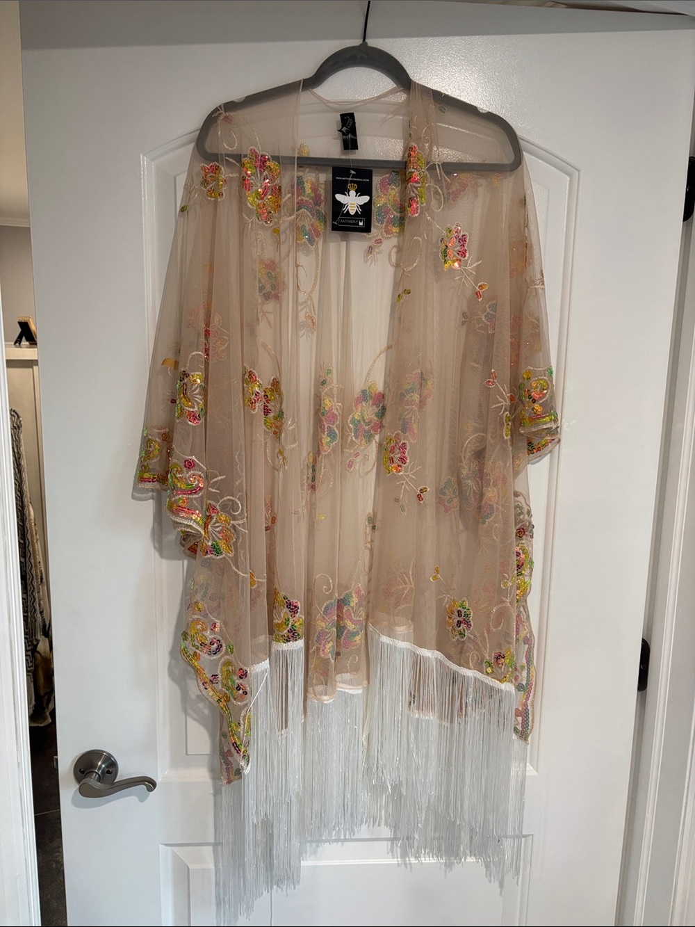 Antthony Sheer Beige Floral Embroidered Fringe Kimono